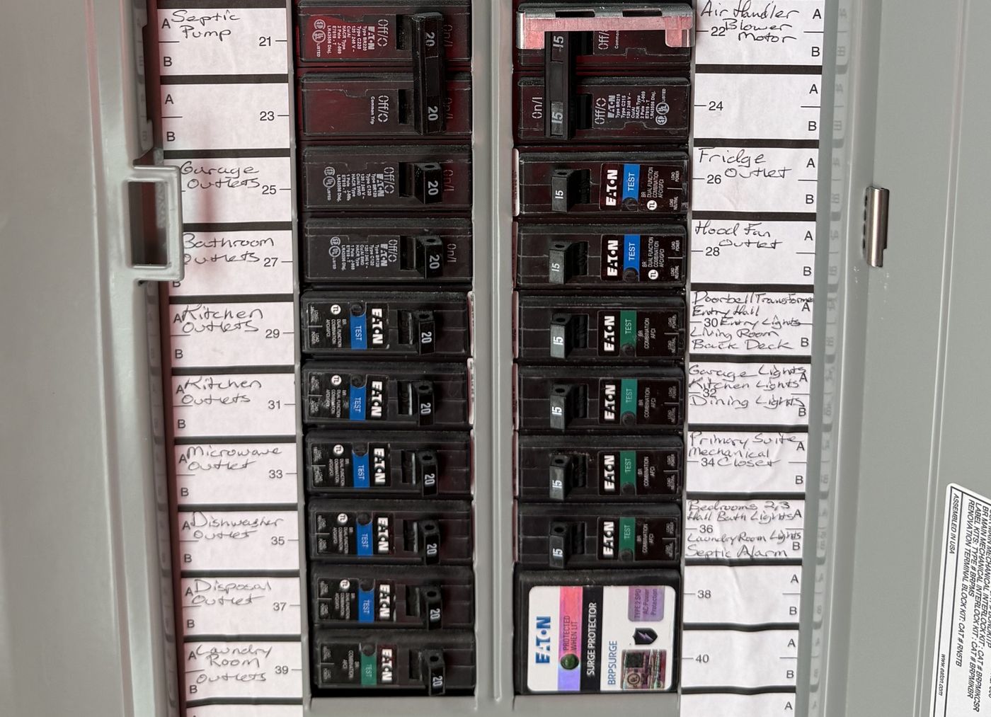 Rows of labeled AFCI and dual-function AFCI/GFCI breakers with test buttons in a residential panel