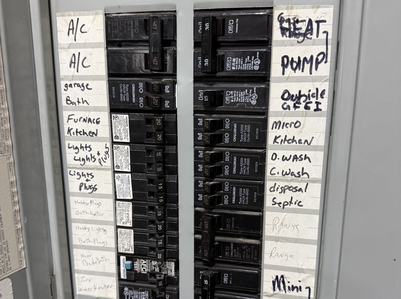 Residential breaker panel with each circuit hand-labeled, including A/C, furnace, kitchen, heat pump, and an outside GFCI